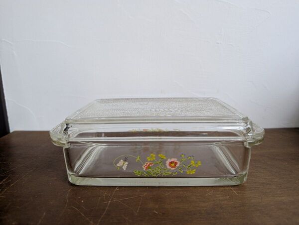 昭和レトロ】蓋付きガラス製保存容器オールドパイレックス花柄角型リフジレーター PYREX 当時物