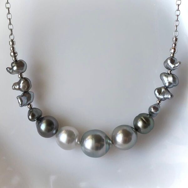 新品未使用 黒蝶真珠 白蝶真珠 バロック珠 ケシ ネックレス SILVER 南洋真珠 タヒチパール 芥子 keshi