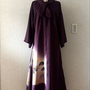 着物リメイク 色留袖 両面着用 ワンピース オフタートル紫色系 笠松好きな貴女に♪小豆紫色 暈し笠松紋様★ウエストリボンセット