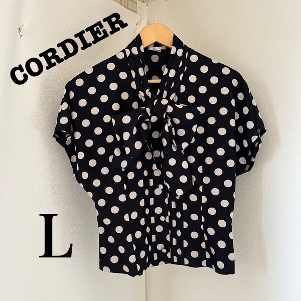 CORDIER 半袖 ブラウス リボン トップス ドット柄 水玉 夏 ネイビー