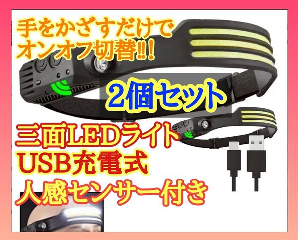 【即日発送】USB充電式 ヘッドライト 人感センサー LEDライト 登山 キャンプ 夜釣り ナイトハイク ヘルメットライト 2個