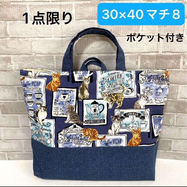 カフェネコ柄のレッスンバッグ ハンドメイド 男の子 女の子 絵本バッグ サブバッグ お稽古バック 猫 入園入学準備