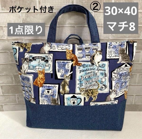 カフェネコ柄のレッスンバッグ② ハンドメイド 男の子 女の子 絵本バッグ サブバッグ お稽古バック 猫 入園入学準備