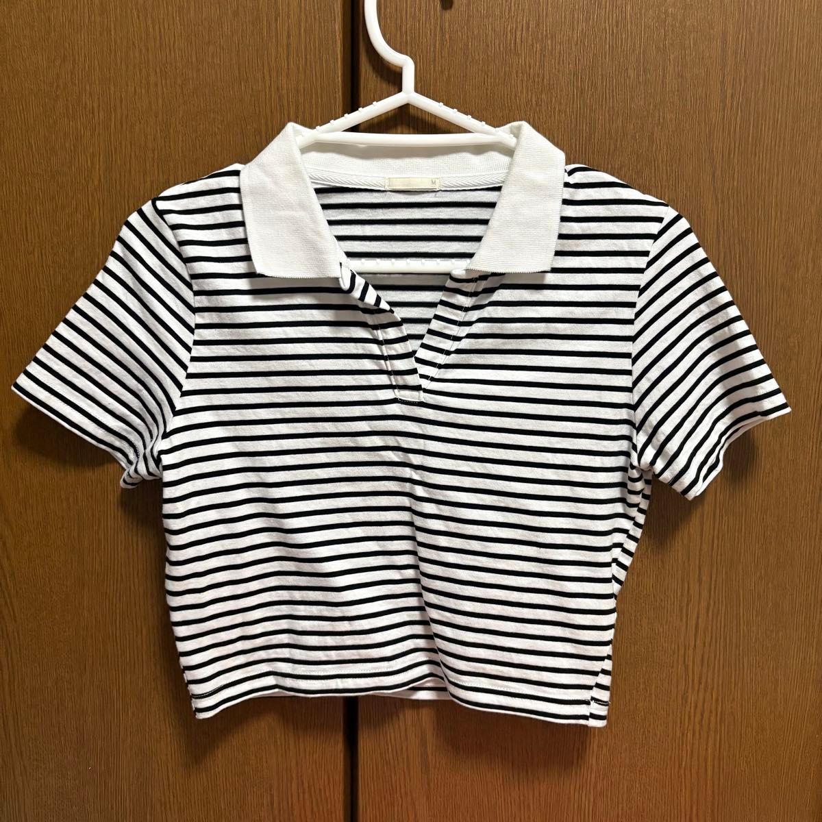 GU ジーユー スキッパーポロ Tシャツ ボーダー M ホワイト 半袖 ポロシャツ カットソー 半袖ポロシャツ