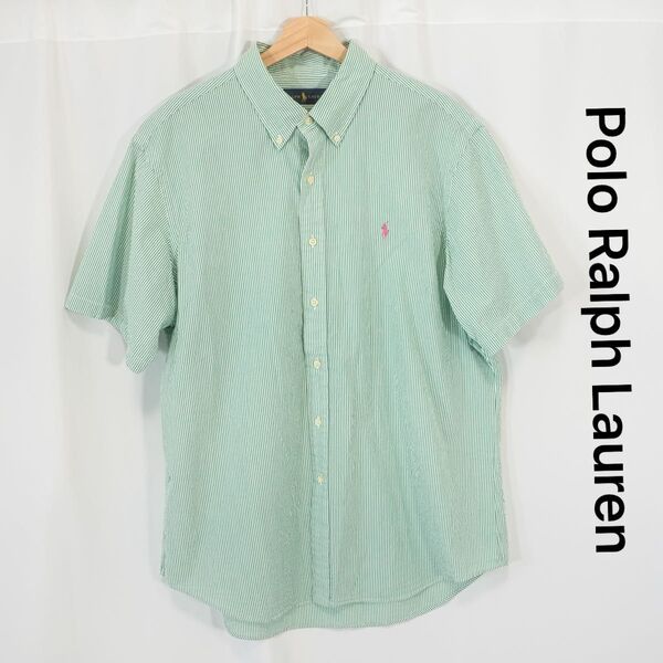 ☆美品☆ Polo Ralph Lauren ポロラルフローレン シアサッカーシャツ 半袖 ストライプ 刺繍ロゴ ボタンダウンXL