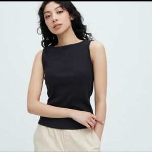 リブボートネックノースリーブT ブラック ノースリーブトップス UNIQLO ノースリーブトップス タンクトップ 黒