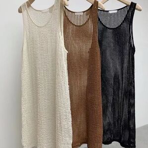 透かしぼりニットドレス ノースリーブ ワンピース シースルーニット トップス