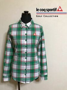 【美品】 le coq sportif golf ルコック ゴルフ レディース チェック柄 シャツ トップス グリーン サイズM 長袖 デサント QGL1006 緑白赤黒