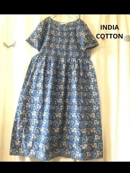 新品 M 〜 L インド綿 コットン ワンピース プリント インド ブロックプリント