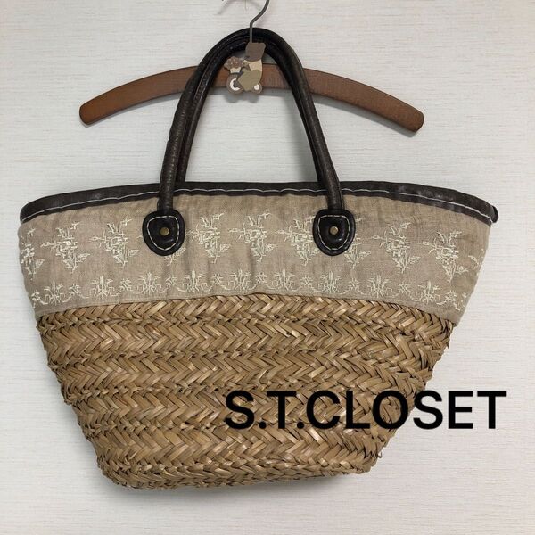 S.T.CLOSET かごバッグ マルシェバッグ 牛革ハンドル 内側リネンハンドメイド レザー切替