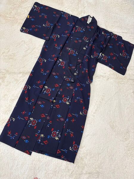手作り 紺色 花柄 浴衣 単品 レトロ 浴衣 リメイク用 古布