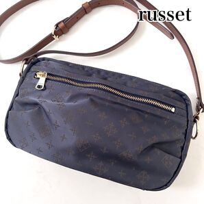 美品 ラシット 2way ショルダーバッグ モノグラム 斜め掛け ネイビー グレー 横長 ナイロン 肩掛け 日本製