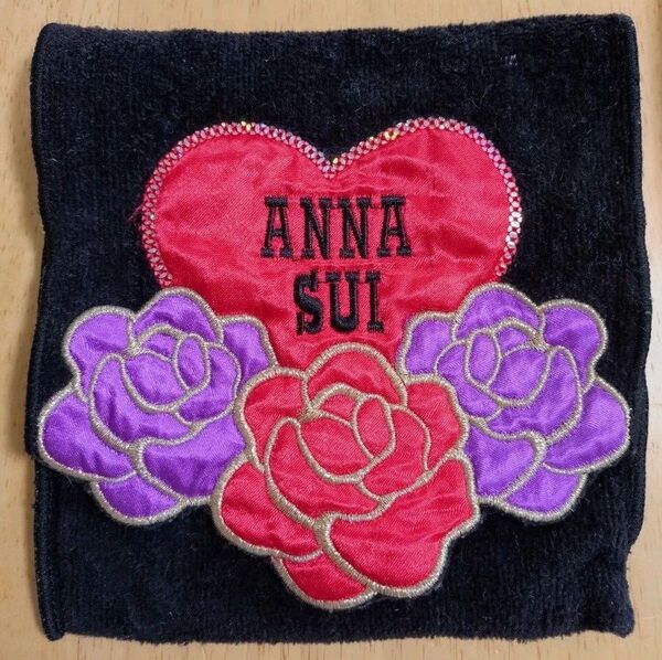 アナスイ ANNA SUI ポケットタオル ハンカチ 中古品 薔薇 刺繍 ブラック パープル レッド ハート