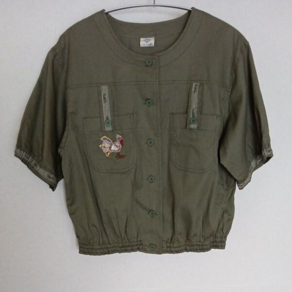 綿100% Liz Claiborne 子供服半袖ブラウス オリーブグリーン ニワトリ刺繍着50cm