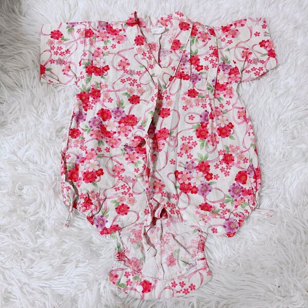 花柄ピンク 女の子70センチ ロンパース 甚平