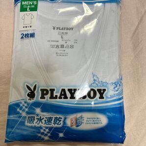 PLAYBOY メンズ 半袖VネックTシャツ Lサイズ ホワイト 2枚組