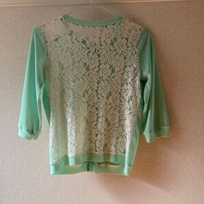 ミントグリーン 七分袖カーディガン レース