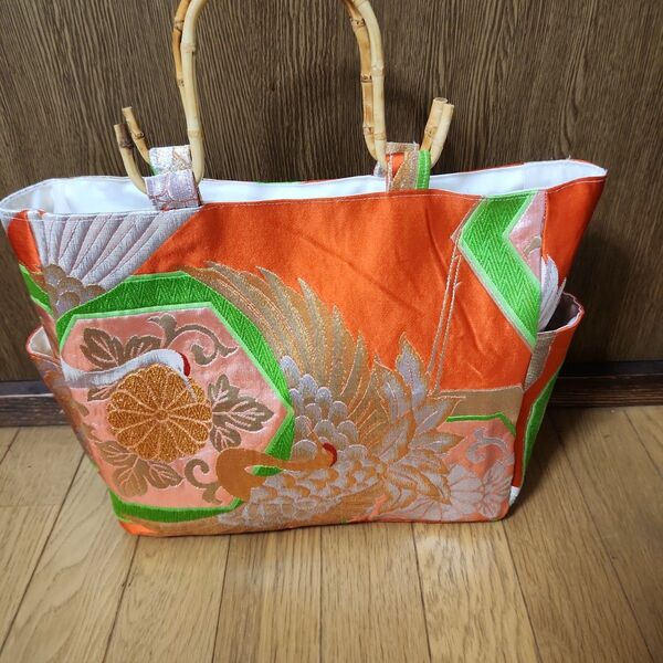 ハンドメイド帯リメイク華やか和トートバッグ