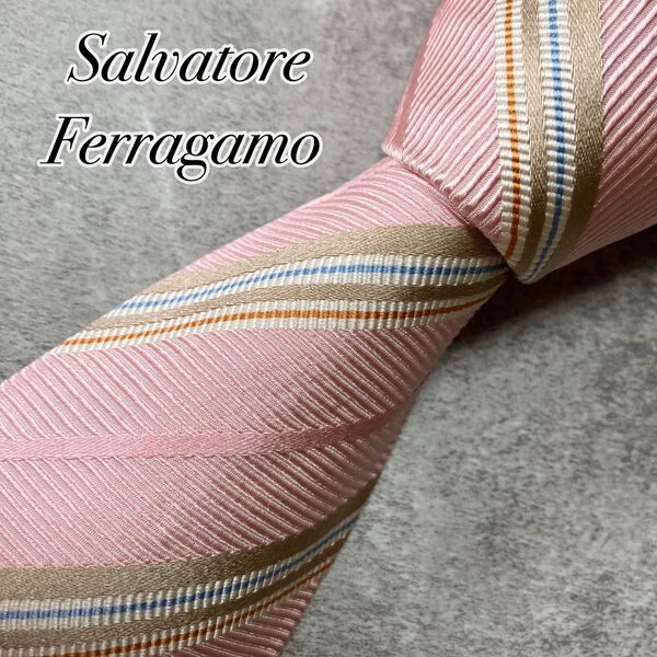 【美品】 Salvatore Ferragamo サルヴァトーレフェラガモ ネクタイ シルク レジメンタル ストライプ イタリア製