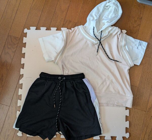パーカー 半袖 パンツ ハーフパンツ 上下セット 黒 白 ベージュ 140cm