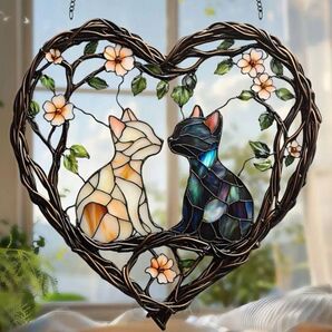 ハート型 黒猫 白猫 茶白猫 サンキャッチャー 猫の壁飾り 壁掛け 装飾 ステンドグラス風 かわいい 猫 ネコ ねこ