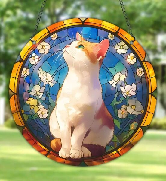 ステンドグラス風壁掛け 白茶猫 茶白猫 ねこ ネコ サンキャッチャー 壁掛け