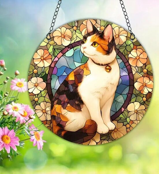 ステンドグラス風 三毛猫 サンキャッチャー 猫の壁飾り 壁掛け 三毛 ミケ 猫 ネコ ねこ アクリル