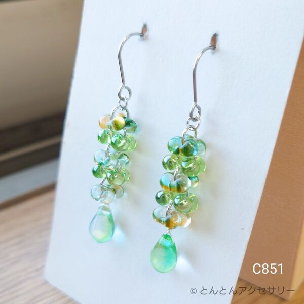 ファルファーレ&ドロップ チェコビーズピアス C851(シルバータイプ) ハンドメイド ガラスビーズ