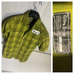 Heavy Gauge heavy gauge heavy geijiug chair green short sleeves block check Logo embroidery badge work shirt yellow green 01