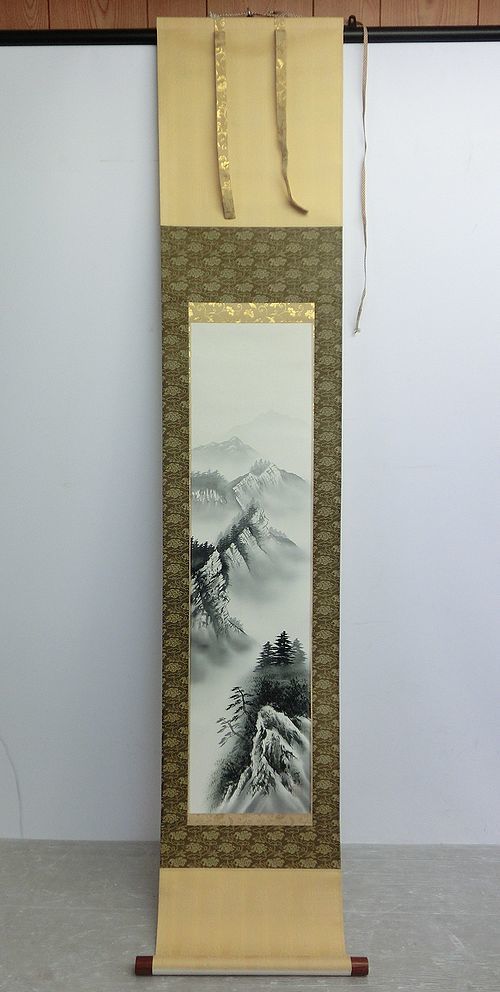 [NH073] Hanging scroll by Kakizawa Kokei, Ink painting, Landscape, Ink painting, 100cm wide, Hanging scroll, Tatejiku, Tokonoma, Japanese-style room, Wooden box included, Artwork, Painting, Ink painting