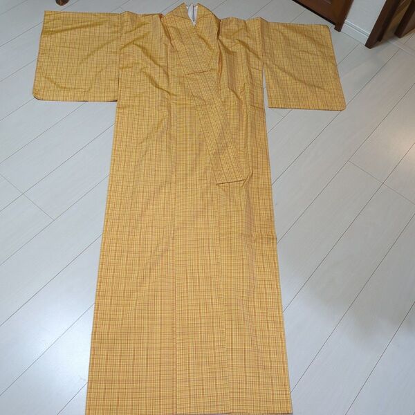 黄色 赤 格子柄 着物 単衣 和服 普段着 手縫い 昭和レトロ ヴィンテージ