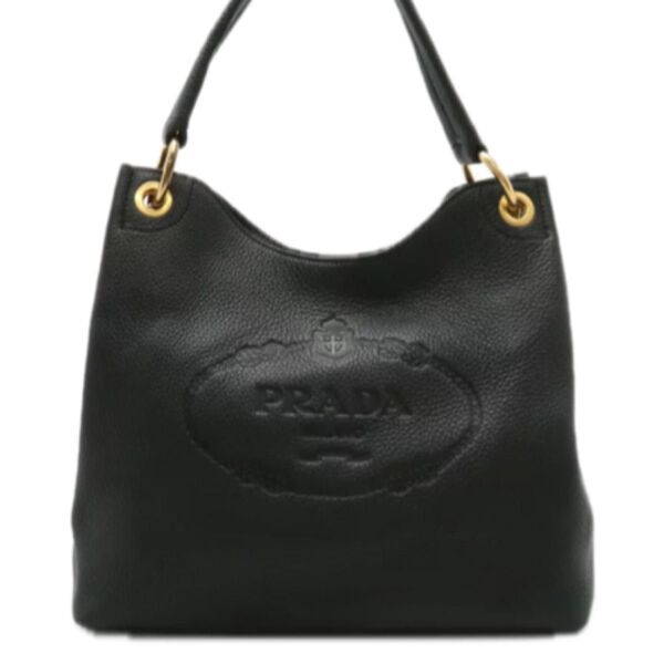 バッグPRADA プラダ ロゴ ショルダーバッグワンショルダーセミショルダー 肩掛けレザー 黒ブラックゴールド金具 レザー 本革
