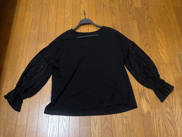 レディース大きいサイズ 3L トップス 袖レース 長袖 カットソー 黒
