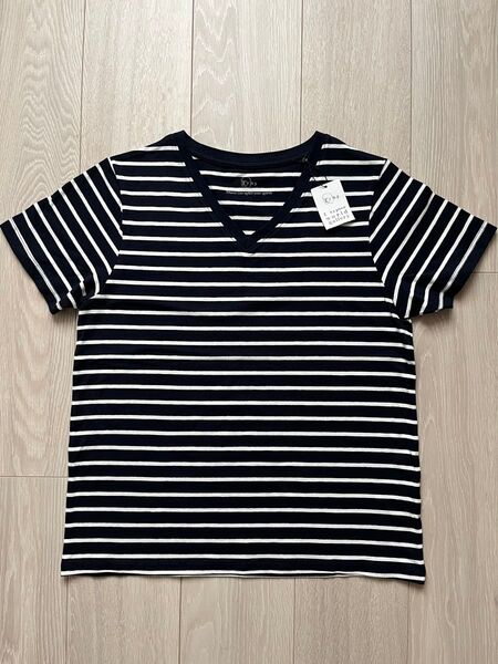未使用 イーハイフンワールドギャラリー VネックボーダーTシャツ F ネイビー カットソー