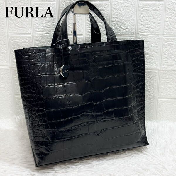 美品!FURLA フルラ クロコ型押し ディバイドイット ハンドバッグ トートバッグ 黒