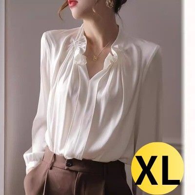 ブラウス シャツ ホワイト フリル 長袖 Tシャツ トップス 白 XLサイズ オフィス カジュアル 上品 エレガント レディース