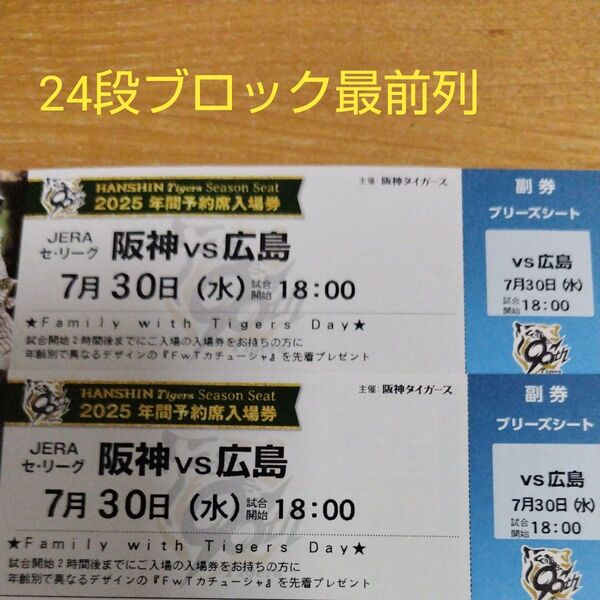 阪神vs広島 7月30日 ブリーズシート2連番 チケット