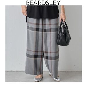 BEARDSLEY チェックウエストリブパンツ グレー ビアズリー ワイドパンツ ゆったり ウエストゴム カジュアル 灰色 2