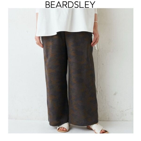 BEARDSLEY ウエストリブプリントパンツ グレー ビアズリー ウエストゴム ゆったり ワイドパンツ ロング カモフラ 総柄