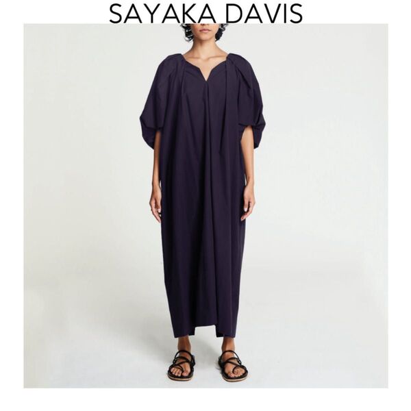 SAYAKA DAVIS タックコクーンドレス イン エッグプラント ネイビー 半袖 ワンピース ロング コットン 紺色