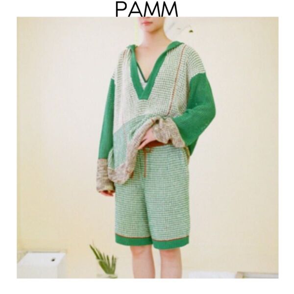 PAMM 野山のニットショートパンツ グリーン パム ハーフパンツ ルームウェア ウエストゴム ゆったり