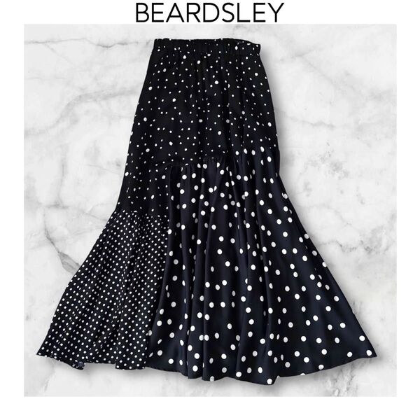 BEARDSLEY ドットパッチワークロングスカート ブラック マーメイド ウエストゴム ロング 黒 フレア ボリューム