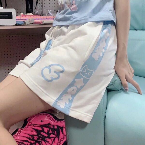 ショートパンツ 天使界隈 ホワイト 水色 かわいい ゴム ガーリー 推し活 イベント フェス 地雷系 部屋着 おでかけ すきぴ