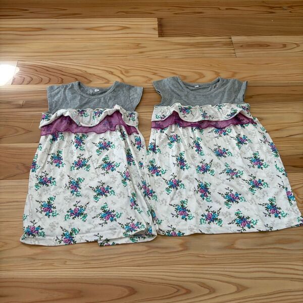 双子 チュニック Tシャツ 110 女の子 花柄 子供服 半袖ワンピース ノースリーブ キッズ ワンピース トップス