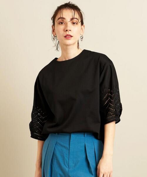 BEAUTY&YOUTH UNITED ARROWS エンブロイダリーレース7分袖カットソー 黒