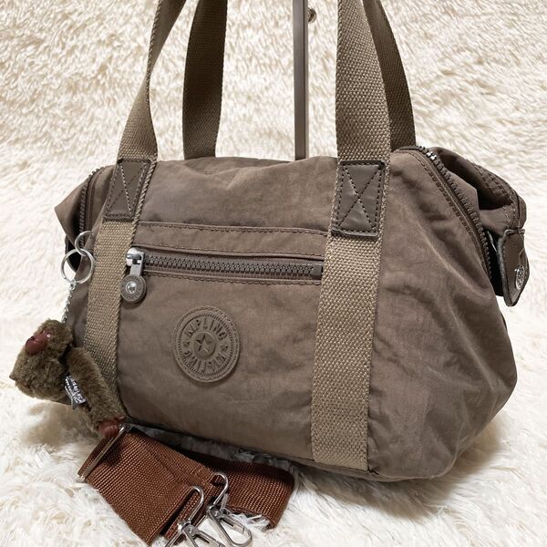 【2way】Kipling キプリング ショルダーバッグ トートバッグ カーキ オリーブ モンキーチャーム付き