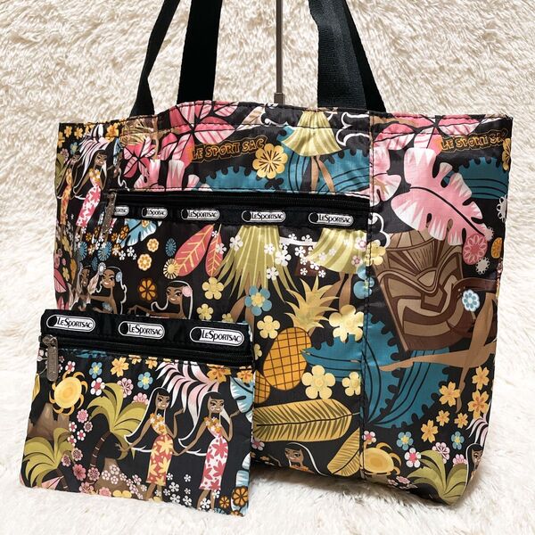 【大容量】LeSportsac レスポートサック トートバッグ リバーシブル ハワイ限定 ワヒネフラ柄 ポーチ付き