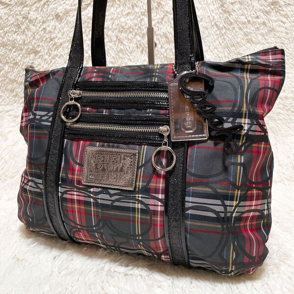 【A4】COACH コーチ ポピー POPPY トートバッグ ショルダーバッグ 肩掛け タータンチェック ブラック シグネチャー