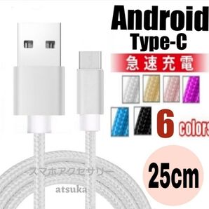 Type-C Android iPhone 充電器 タイプC USB-C アンドロイド 急速 充電 ケーブル25cmシルバー