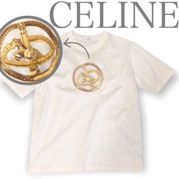 CELINE セリーヌ 半袖Tシャツ 馬車ロゴ刺繍 白×金 正規 M ピチT タイト ハイブランド 高級 ビッグロゴ ホワイト